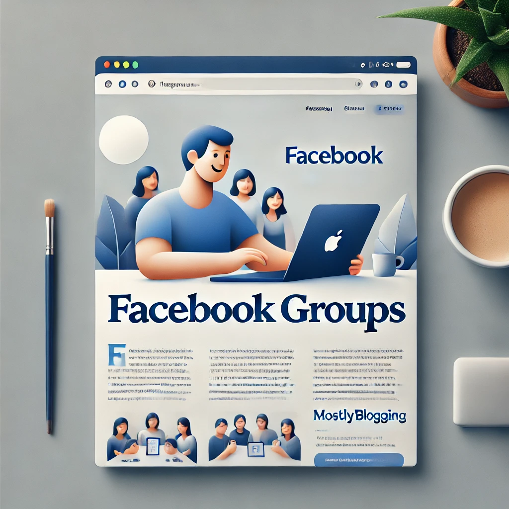 Realistic blog image with a smiling person using a laptop, featuring the text “Facebook Groups” and “mostlyblogging.com,” designed in Facebook’s blue tones. Optimized for Facebook groups and messenger group link searches.