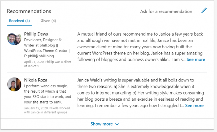 customer recommendation LinkedIn