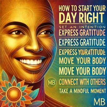 An inspiring image themed 'Start Your Day Right,' featuring a smiling, realistic human face in warm, natural lighting. The background exudes positivity with soft yellow, orange, and blue hues. Motivational phrases like 'Be Thankful,' 'Stay Active,' 'Plan Ahead,' 'Reach Out,' and 'Breathe Deep' are clearly displayed in bold, readable fonts. Subtle branding is incorporated with the letters 'MB' in the bottom corner, maintaining a clean and professional design.