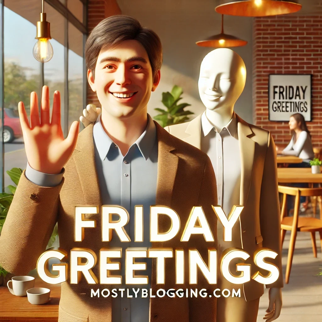 A cheerful Friday morning greetings scene featuring a smiling professional greeting a coworker with a friendly wave, embodying positive Friday vibes and casual workplace greetings. The bright and uplifting setting enhances the feeling of weekend motivation, TGIF, and Happy Friday. The image reflects Friday morning greetings for coworkers with an inviting, professional yet relaxed atmosphere. The text "Friday Greetings" is displayed clearly, with mostlyblogging.com subtly placed for branding. Perfect for conveying Funny Friday wishes and Inspiring Friday messages.