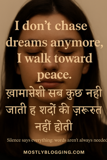 A calm young woman with closed eyes stands against a beige background. Overlaying text includes two 2-line quotes: “I don’t chase dreams anymore, I walk toward peace” and its Hindi counterpart about silence saying everything. The site name “MOSTLYBLOGGING.COM” appears at the bottom.