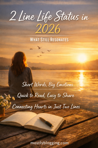2 line life status in 2026 image with woman watching the sunset, short life quotes, emotional two line status in English and Hindi, inspirational shayari lines, mostlyblogging.com