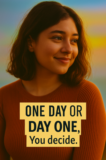 A smiling young woman stands against a colorful gradient background in warm lighting, wearing a rust-colored sweater. She looks confidently into the distance, not at the camera. Overlayed on the image is a motivational quote in bold text: "ONE DAY OR DAY ONE, You decide." This vibrant, square-format Instagram graphic is designed for a blog post about 2-line life status in English and Hindi, with a modern and uplifting tone. Branding: MostlyBlogging.com.