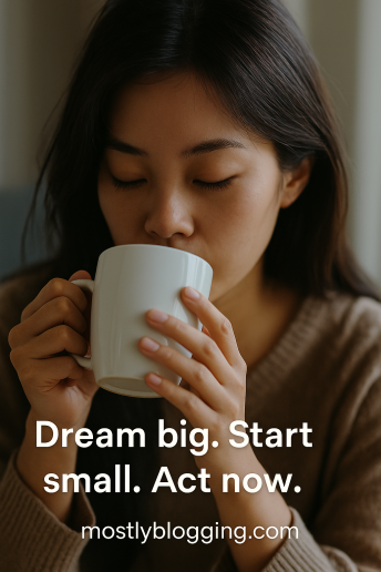 Person looking down at a coffee mug with a motivational two-line life quote overlay, reflecting calm and focus, featured on mostlyblogging.com.