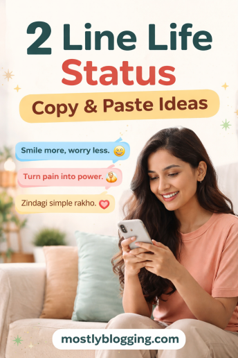 2 line life status copy and paste ideas image showing person using phone with short life status quotes in english and hindi like smile more worry less and zindagi simple rakho, MostlyBlogging.com