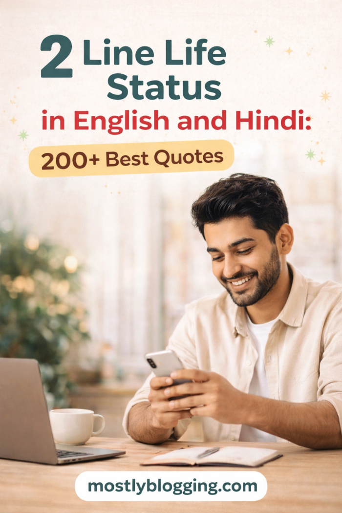 2 line life status in english and hindi 200+ best quotes image showing person using smartphone with short life quotes, emotional and motivational 2 line status ideas for social media, MostlyBlogging.com