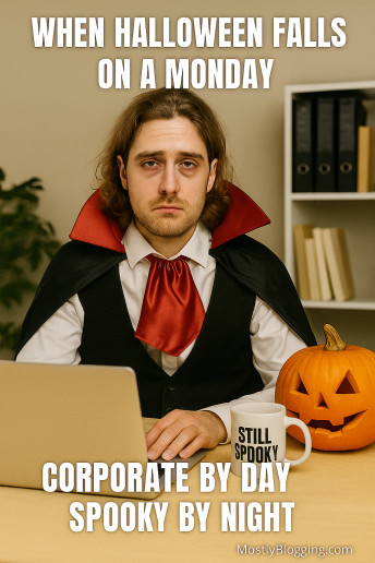 A tired office worker dressed as a vampire sits at his desk beside a jack-o-lantern and a mug labeled “Still Spooky.” The meme caption says “When Halloween falls on a Monday — Corporate by day, spooky by night,” representing funny Halloween memes, office Halloween humor, and viral Halloween meme trends on MostlyBlogging.com.