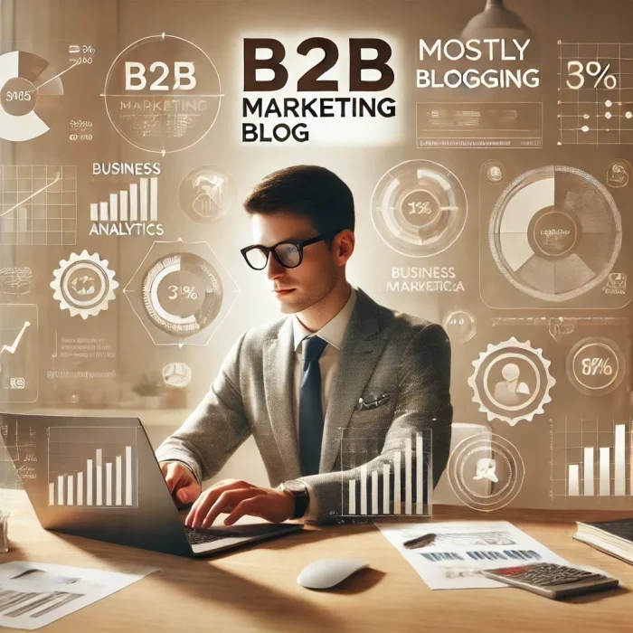 Professional person working on a B2B marketing blog in a modern workspace, with business charts and marketing icons displayed on a laptop screen. The text 'mostlyblogging.com' appears discreetly in one corner.