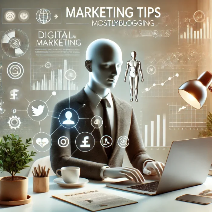 Professional person working on a laptop with charts and icons, illustrating marketing mistakes in a modern workspace. The text 'mostlyblogging.com' appears discreetly.