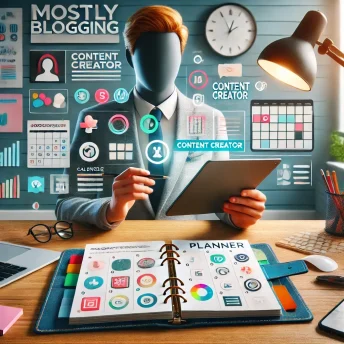Professional person using a content creator planner in a colorful workspace, with tools like a calendar, checklist, and digital icons for content organization. The text 'mostlyblogging.com' appears discreetly in one corner.