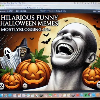 Realistic human face laughing hysterically with a Halloween-themed background featuring pumpkins, ghosts, and bats. Bold text reads 'hilarious funny Halloween memes,' with 'mostlyblogging.com' subtly included for branding. Simple and uncluttered design.