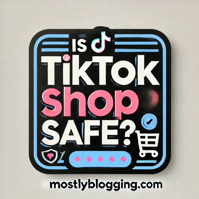 A simple and uncluttered digital graphic with the text "Is TikTok Shop Safe?" in bold, using TikTok's signature colors (black, pink, and blue). The background is minimalistic, featuring a subtle shopping cart or security shield icon to represent online shopping safety. The branding "mostlyblogging.com" is displayed at the bottom in a clear, professional font.