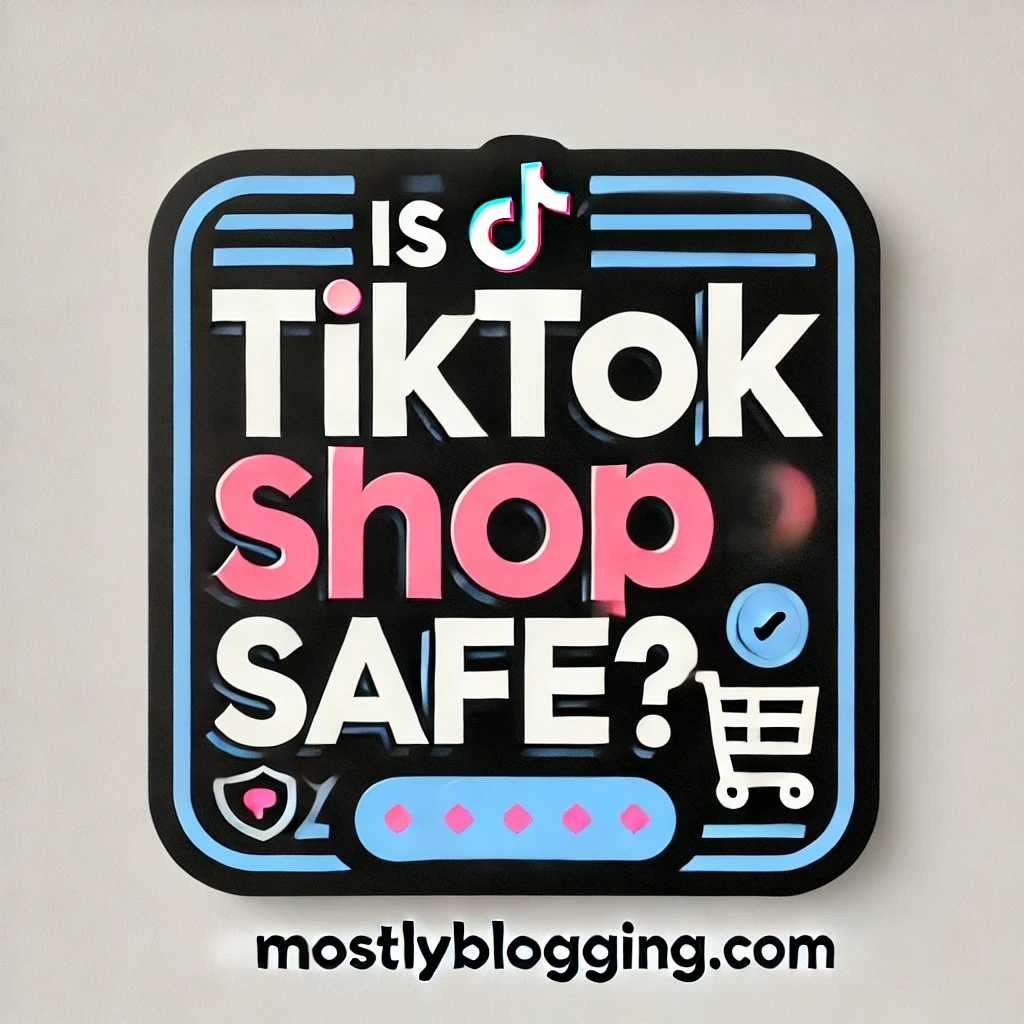 A simple and uncluttered digital graphic with the text "Is TikTok Shop Safe?" in bold, using TikTok's signature colors (black, pink, and blue). The background is minimalistic, featuring a subtle shopping cart or security shield icon to represent online shopping safety. The branding "mostlyblogging.com" is displayed at the bottom in a clear, professional font.