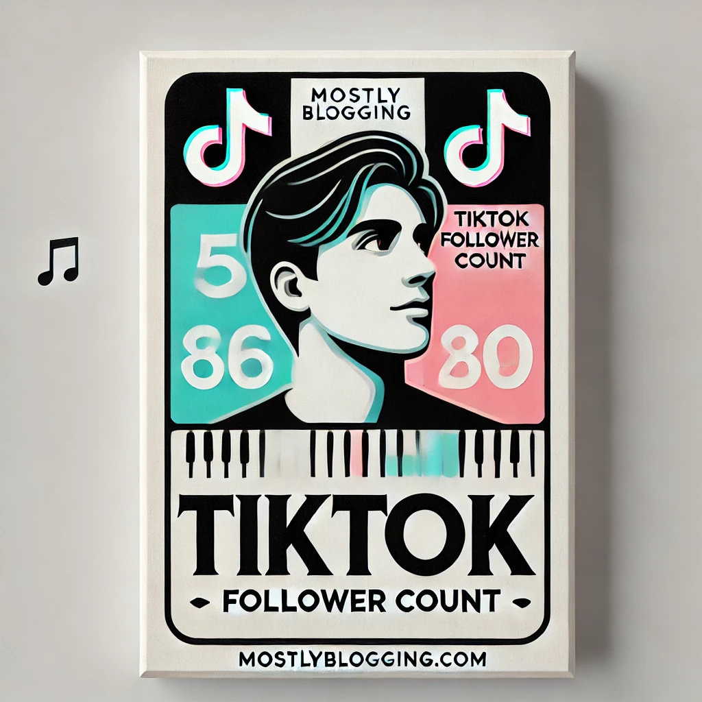 A sleek, modern blog graphic centered around TikTok follower count, designed with TikTok's signature colors—black, white, pink, and turquoise. The graphic features a realistic human face looking engaged, surrounded by subtle TikTok-inspired elements like music notes. Bold text reads "TikTok Follower Count," with "mostlyblogging.com" subtly placed at the bottom for branding. The style is simple, clean, and professional, with minimal clutter for maximum visual impact.