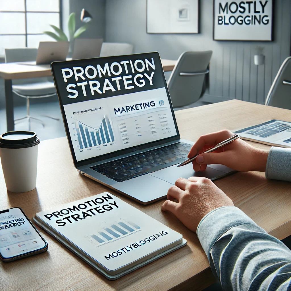 A professional marketing strategist working on a promotion strategy at a modern desk. The laptop screen displays a marketing campaign, while a notepad with "Promotion Strategy" written on it sits nearby. A cup of coffee and a smartphone showing marketing analytics are also on the desk. The workspace is minimalistic with natural lighting, and the branding "mostlyblogging.com" is subtly included.