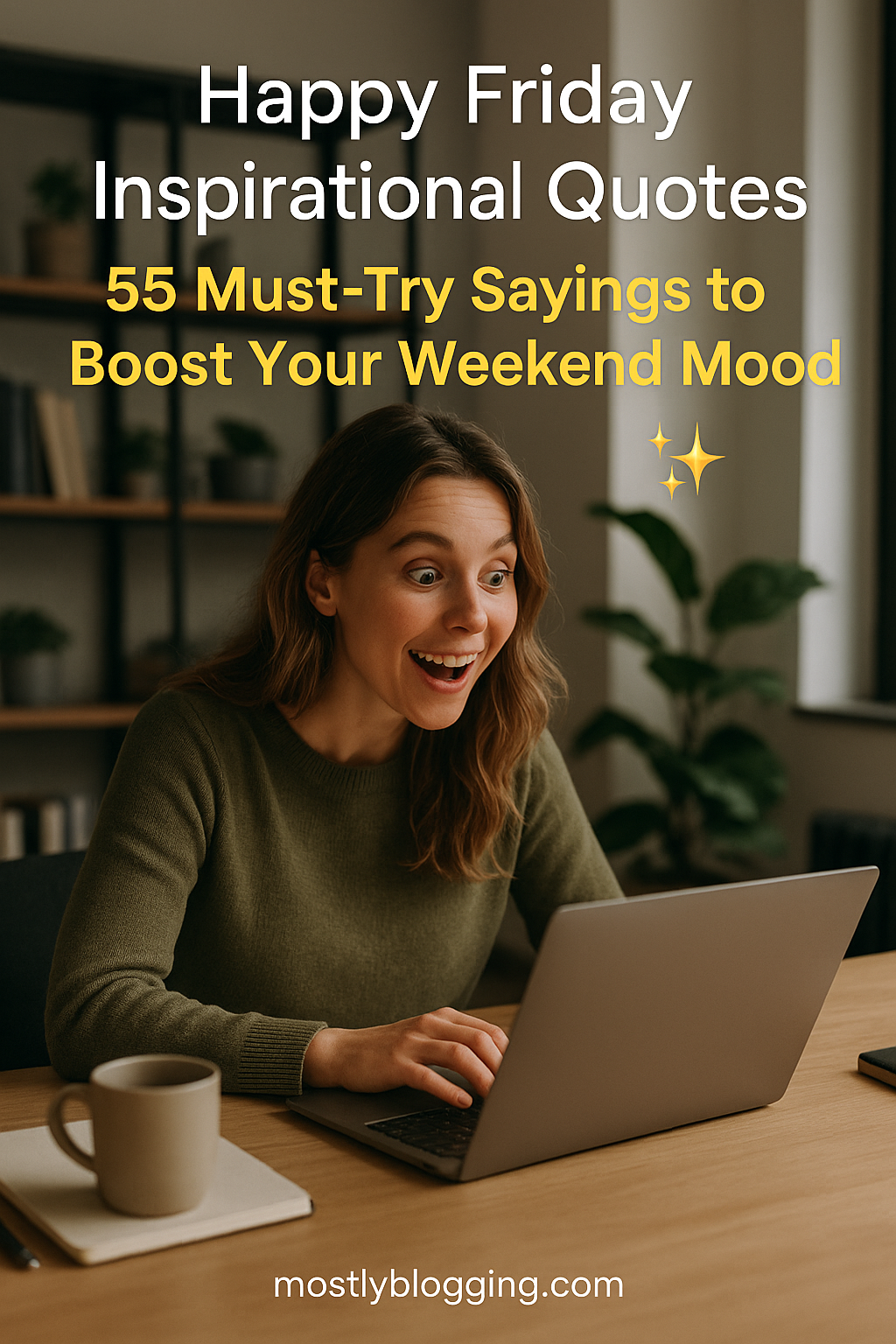 A blog promotional image featuring a cheerful young woman smiling at her laptop in a cozy home office, with text overlay reading “Happy Friday Inspirational Quotes: 55 Must-Try Sayings to Boost Your Weekend Mood.” The image promotes happy Friday motivational quotes in a modern, candid setting with natural lighting and subtle décor. Branding "mostlyblogging.com" appears at the bottom.