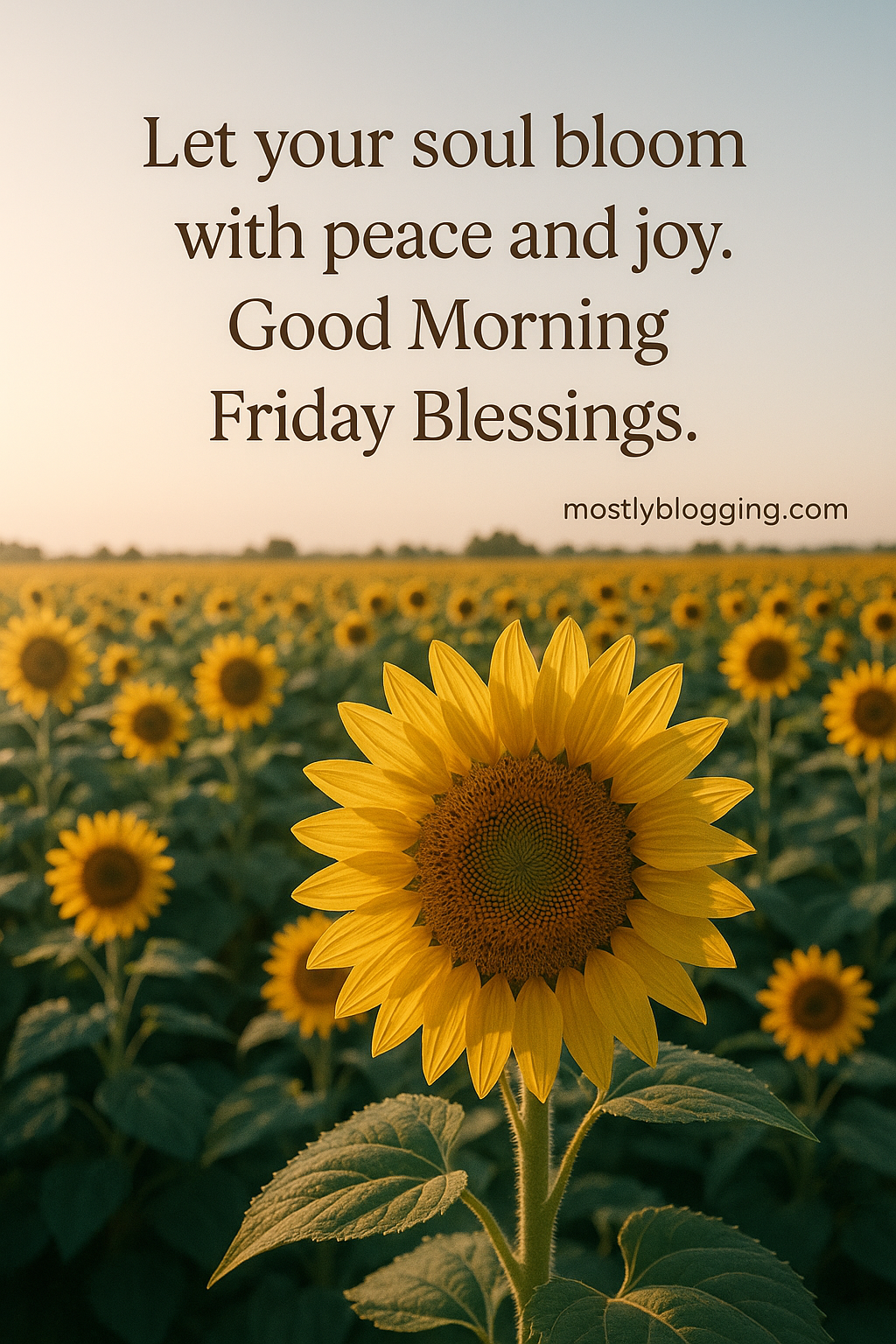 Bright sunflower field under a clear morning sky with an inspirational quote overlay that says ‘Let your soul bloom with peace and joy. Good Morning Friday Blessings.’ Image branded with mostlyblogging.com.”