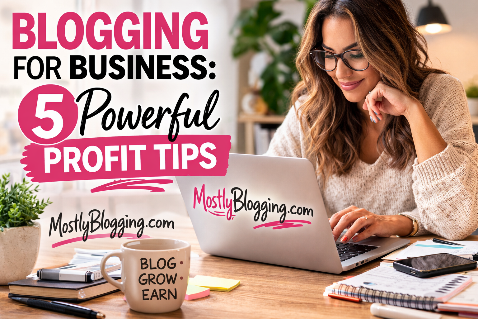 Blogging for business concept showing a blogger working on a laptop at a desk with notes and coffee while planning blog monetization and profit strategies for MostlyBlogging.com.