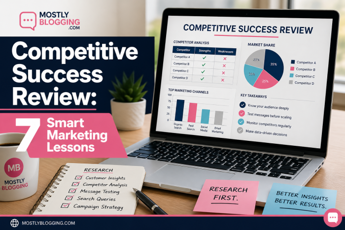 Competitive success review marketing graphic showing research-first marketing strategy, competitor analysis charts, customer research notes, and “7 smart marketing lessons” on a branded Mostly Blogging blog image