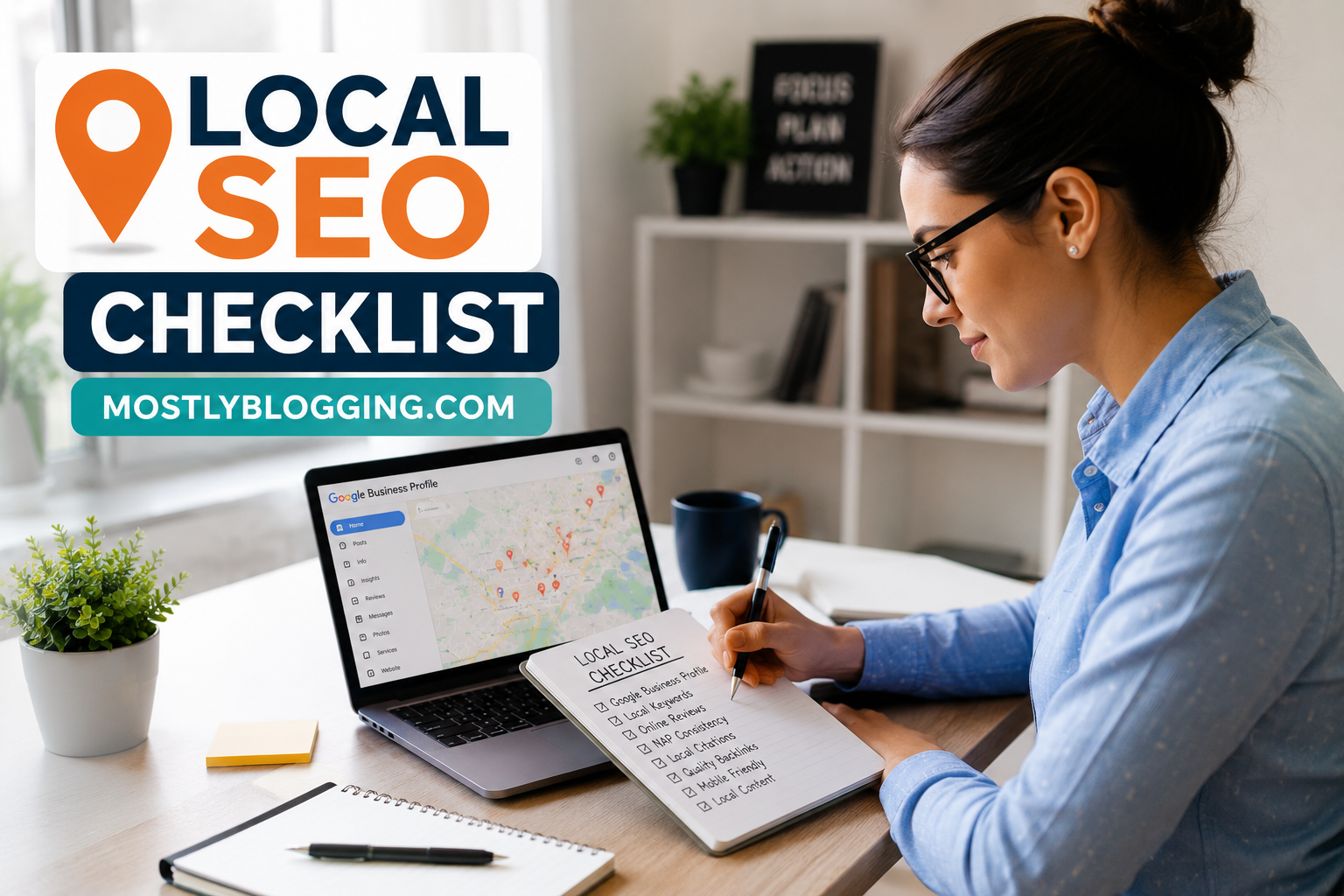 Local SEO checklist image showing a business owner improving local search rankings using Google Business Profile optimization, mobile SEO, customer reviews, and local marketing strategies for MostlyBlogging.com