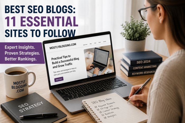 **Alt Text:**
Best SEO blogs featured in a modern workspace with a digital marketer researching 11 essential SEO sites to follow on MostlyBlogging.com, using keyword research, content marketing, and SEO strategy tools to improve search rankings and organic traffic.
