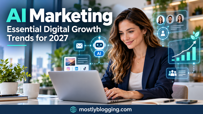 Woman using a laptop with AI marketing icons for personalization, social media, email, and digital growth trends for 2027.